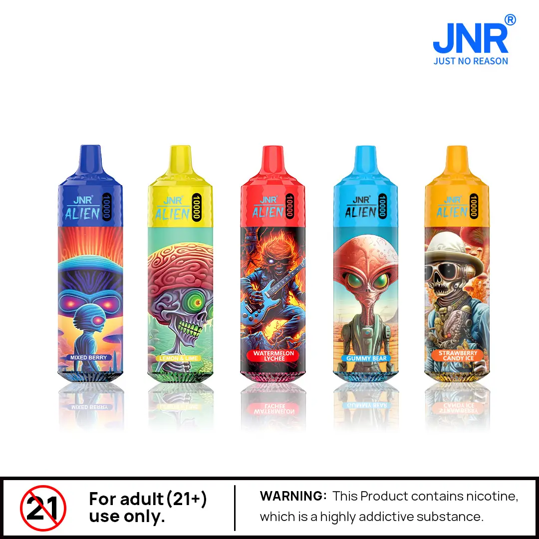 Colorful vape pen flavors with alien illustrations.