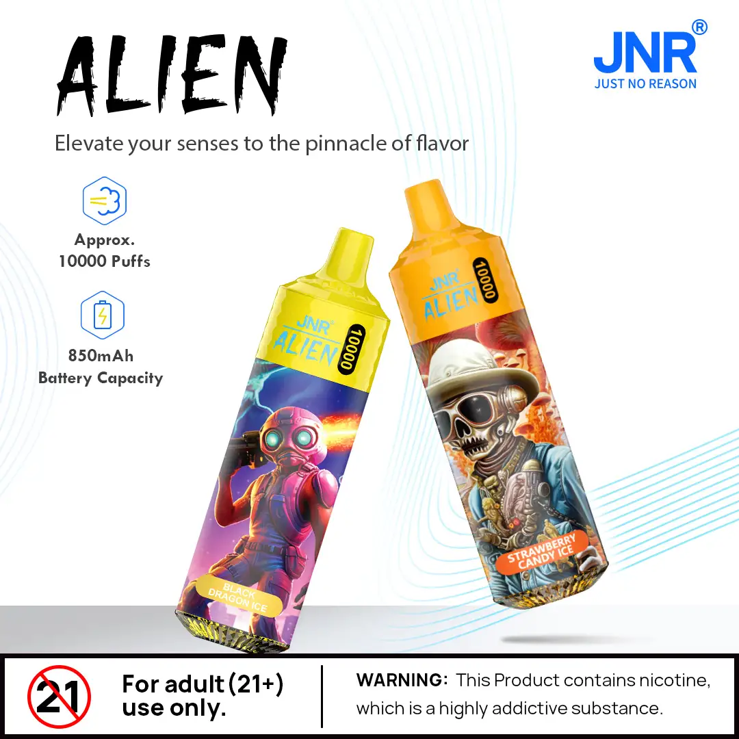 JNR Alien vape, 10000 puffs, 850mAh battery.