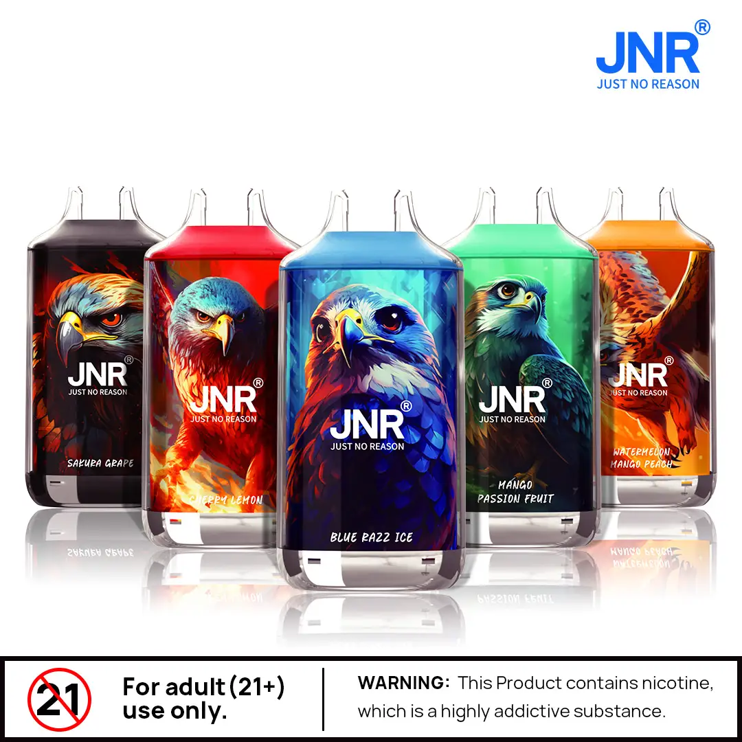 Colorful JNR vape flavors with warnings and branding.